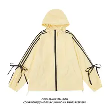 レトロなストライプのリボン付き防晒パーカー【フード付き・カジュアルデザイン】（セットアップ対応 ）