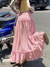 春用粉色チェック柄のAラインスカート【高腰・ロング丈・旅行用】（セットアップ対応）
