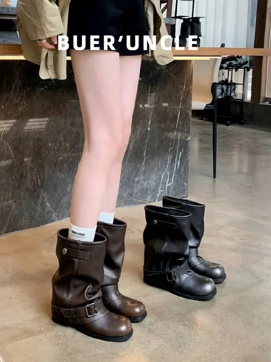 本革製のレトロスタイルショートブーツ【折りたたみデザイン・女性用・イギリス風】