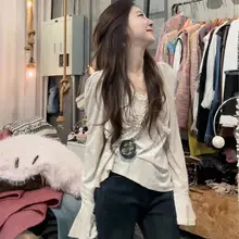 印花シフォンVネックブラウス【フレアスリーブ・春秋用・女性用】