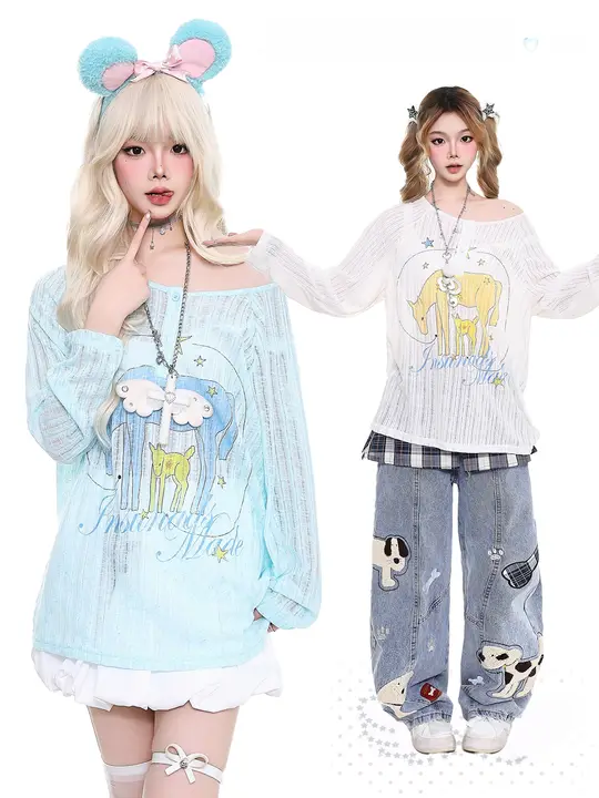 カジュアルなアートプリント長袖Tシャツ【春用・斜め肩デザイン・ゆったりフィット】