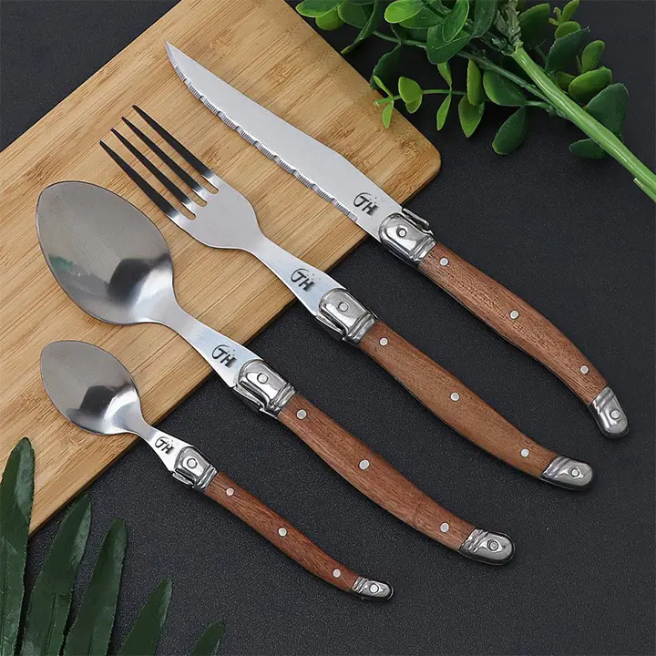花梨木柄セット ステンレス製西洋食器【木製ハンドル・ステーキナイフ・フォーク・スプーン・カトラリー】