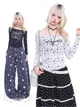 星柄プリント レディース長袖Tシャツ【スリムフィット・斜めネック・オフショルダー】