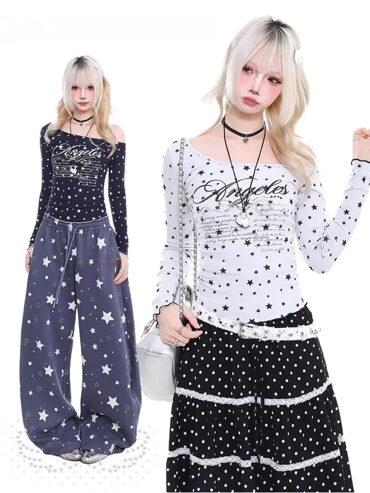 星柄プリント レディース長袖Tシャツ【スリムフィット・斜めネック・オフショルダー】