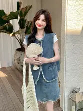 デニムビブスとミニスカートのレディースセットアップ【カジュ アル・夏用・フリンジデザイン】（セットアップ対応）