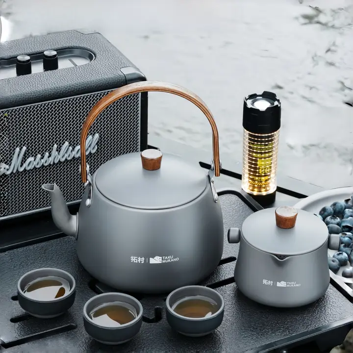アウトドア用 お湯沸かしケトルと茶器セット【携帯可能・キャンプ用・茶杯付き】（セットアップ対応）