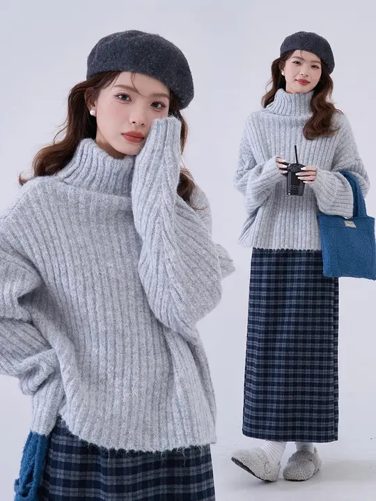 HTmeme 無地 高ネックニットセーター【ショート丈・冬用・女性用・スリムフィット】