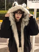 猫耳デザインのキルティングコート【ブラック・甘辛スタイル・プラスサイズ】