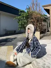 195大喜 チェック柄ショートコットンジャケット【フェイクファー・フィット・冬用】