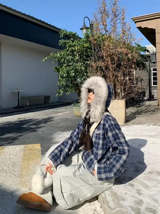 195大喜 チェック柄ショートコットンジャケット【フェイクファー・フィット・冬用】