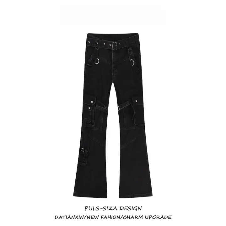 ゆったりした多ポケットデニムパンツ【ユニセックス・ウォッシュ加工・バインダー付き・カジュアル】（セットアップ対応）