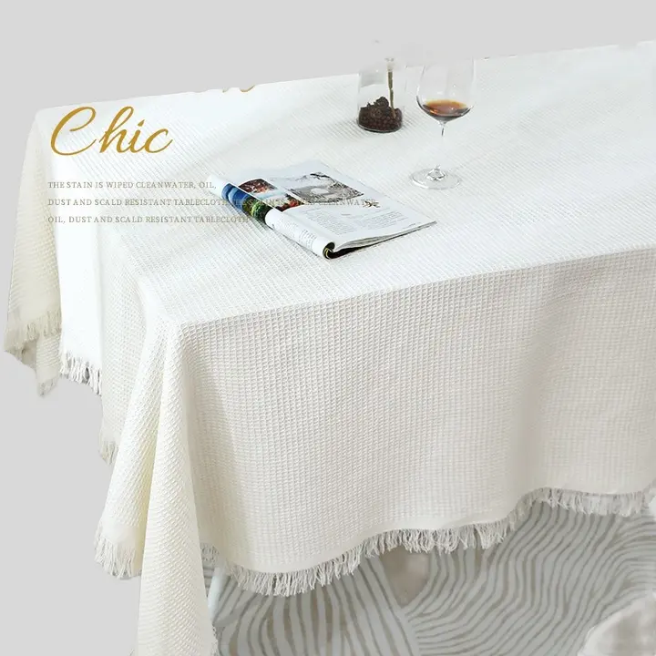 フレンチスタイルのラウンドテーブルクロス【極上の柔らかさ・フリンジデザイン・ホワイト】