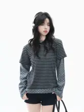 トップス レディース 長袖Tシャツ フェイクレイヤード ストライプ 水玉 パッチワーク ヴィンテージ Y2K