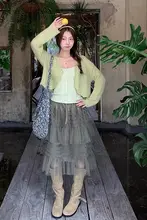 グリーンの重ね風網タイツのふんわりドレス【ハイウエスト・Ａライン・春用】（セットアップ対応）