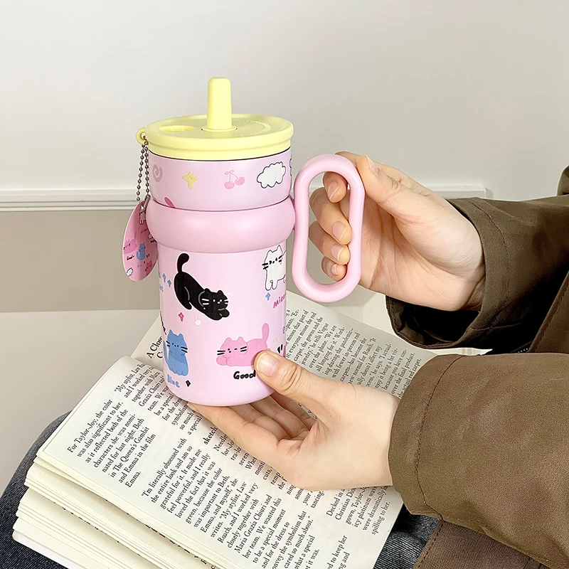ストロー付き水筒 540ml 316ステンレス カートンデザインの子供向け保温カップ