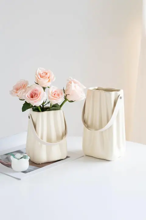 高級感のある白色陶器製花瓶【大口径・水耕栽培用・飾り用】