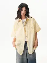 ボタン付きバブルファブリックシャツ【チェック柄・男女兼用・半袖】（セットアップ対応）