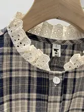 レース切替のチェックシャツ【女性用・ルーズフィット・ボウタイデザイン・ビンテージスタイル】