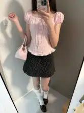 洗練されたデザイン！夏の女性用ショートスリーブシャツ【フィット感・リボン付き・四角い襟】