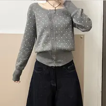 ドット柄長袖ニットカーディガン【斜め肩デザイン・女性用・スタイリッシュ】（セットアップ対応）