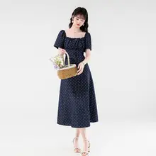 レース付きフレンチスタイルのリボンデザインドレス【夏用・薄手・ドレープ感】