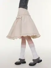 レトロなAラインハイウエストスカート【カキ色・リボン付き・春夏用】