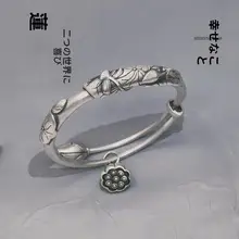 足銀製 魚が遊ぶ蓮の花ブレスレット【新中式デザイン・レトロな銀細工】