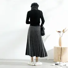 拾卡 ストライプニットスカート【秋冬用・中長丈・レトロ・プリーツ】