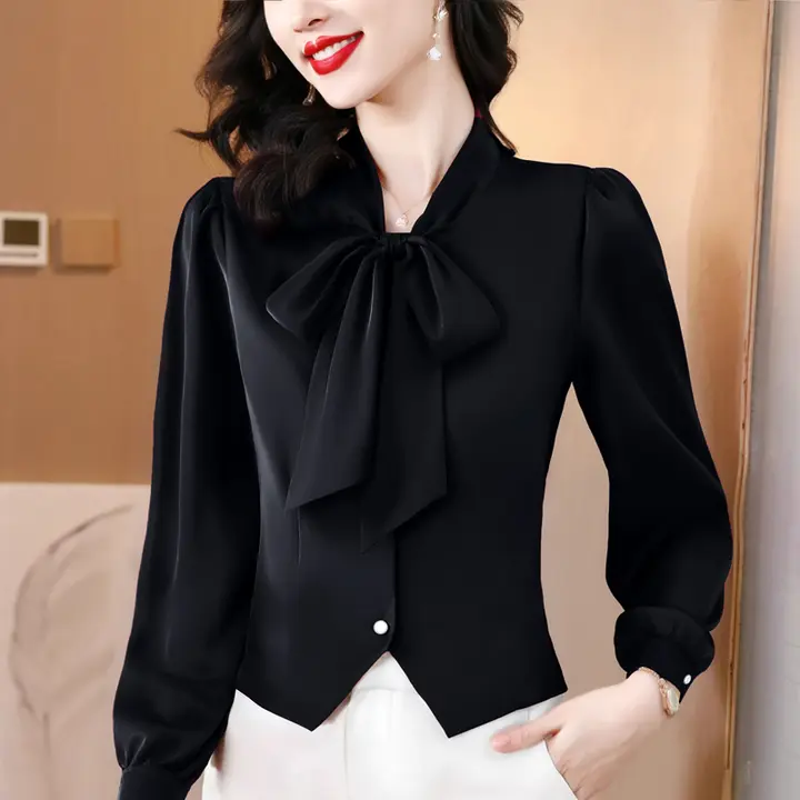  chicリボン付きサテンシルクシャツ【レディース・短丈・春秋用】