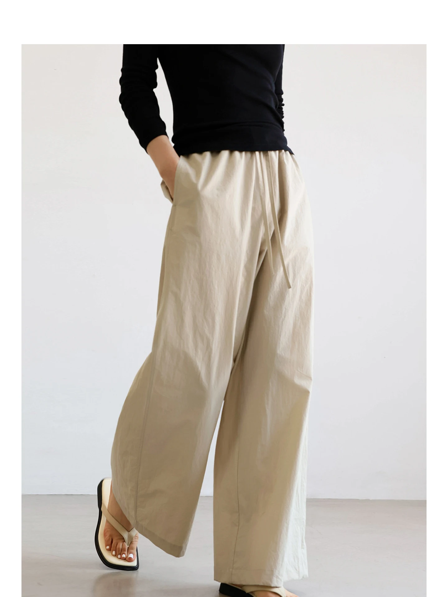 近江晒布シリーズのウエスト抽绳付きワイドストレートパンツ：ダボダボ感を克服する通勤向けの柔らかさ設計