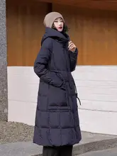 軽量で暖かな白鹅绒入りフード付きダウンコート【ウエストシェイプ・膝下丈・女性用】