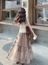 体型を美しく見せる！透かし編みニットタンクトップ【民族風・シフォンプリント・スカート付き】（セットアップ対応）