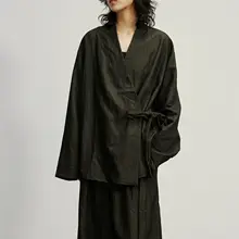 新中式デザインの交差リボン付き長袖シャツ【快適なドレープ感・ワイドパンツ】（セットアップ対応）