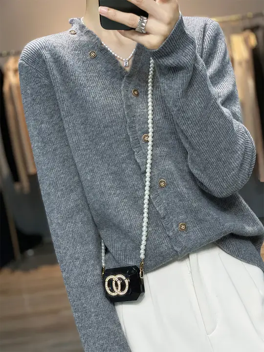 Vネックフリンジ付き カシミヤカーディガン【レディース・ゆったりサイズ・長袖・ニット】