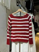 BM フランス風クリスマスレッドストライプニットセーター【ツイスト模様・オフショルダー・女性用】