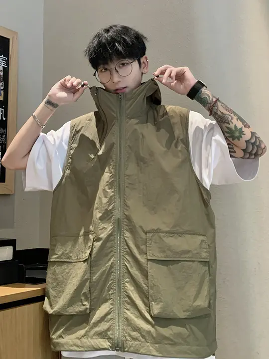 無地デザイン 男性用 フード付き速乾アイスシルク日焼け防止タンクトップ【夏用・カジュアルスタイル】