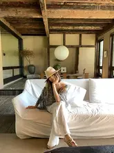 ボヘミアン風プリントデザインのシャーリングブラウス【シフォン素材・花柄】