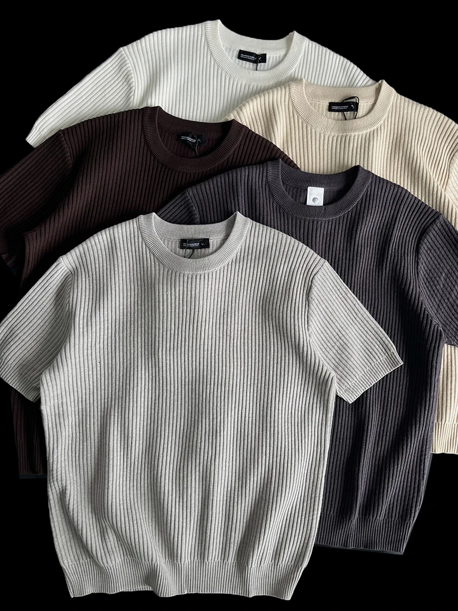 シンプルでおしゃれな春秋用ニットTシャツ【ラウンドネック・男女兼用】（セットアップ対応） ストリートファッションに合うトップス