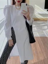 トレンドデザインの開襟Tシャツ【パフスリーブ・ミディアム丈】（セットアップ対応）