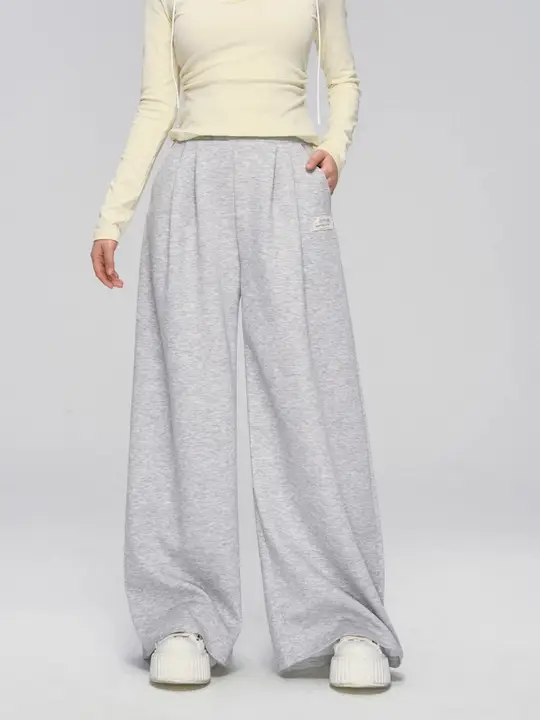 レース切り替えのグレー ワイドレッグパンツ【春用・・ルーズストレート】（セットアップ対応）