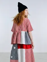 格子柄の切り替えデザイン 半袖ルーズフィットシャツ【四角い襟・夏用・文芸スタイル】
