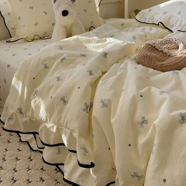 韓国風リボンデザインの夏用掛け布団【学生寮用・コットン混・薄手・二人用】（セットアップ対応）