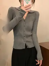 ポロ襟デザインのフィットニットカーディガン【長袖・Vネック・春秋用・女性用】