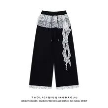 バレエスタイルのレース切り替えパンツ【黒・リボンデザイン・フィット】（セットアップ対応）