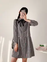 花柄刺繍チェックコットンシャツワンピース【ウエストリボン・チェックデザイン】