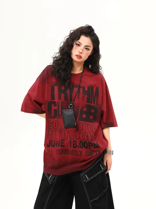 半袖Tシャツ ユニセックス ヘビーオンス ウォッシュ加工 英字プリント 赤 ストリート アメリカン風 ペア 夏