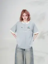 刺繍ロゴ入りラウンドネックTシャツ【男女兼用・夏用・五分袖・ルーズフィット】