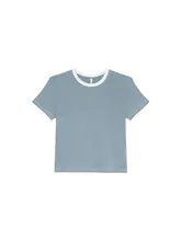 撞色ラウンドネック細ストライプ半袖Tシャツ【レディース・コットン素材・夏用】