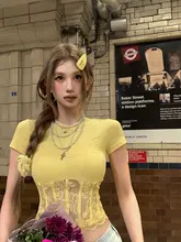 デザイン性の高いレース切り替え半袖Tシャツ【女性用・スリムフィット】
