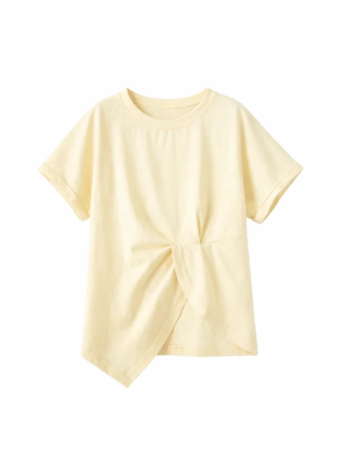 大きいサイズのフレンチスタイル・イレギュラーショルダー 半袖Tシャツ【夏用・極上の柔らかさ・イエロー】（セットアップ対応）